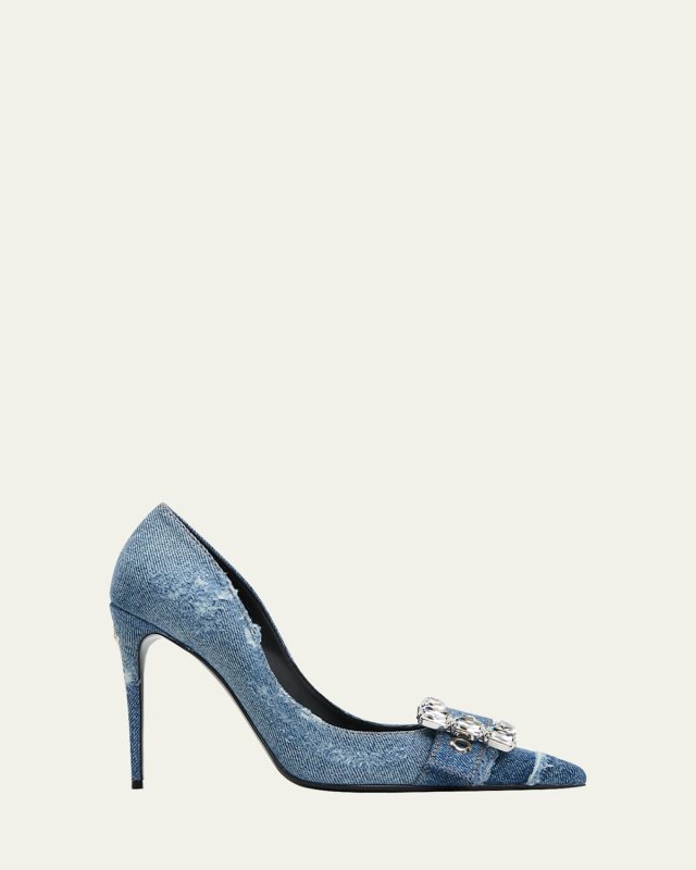 Patchwork Denim Crystal-Buckle Pumps